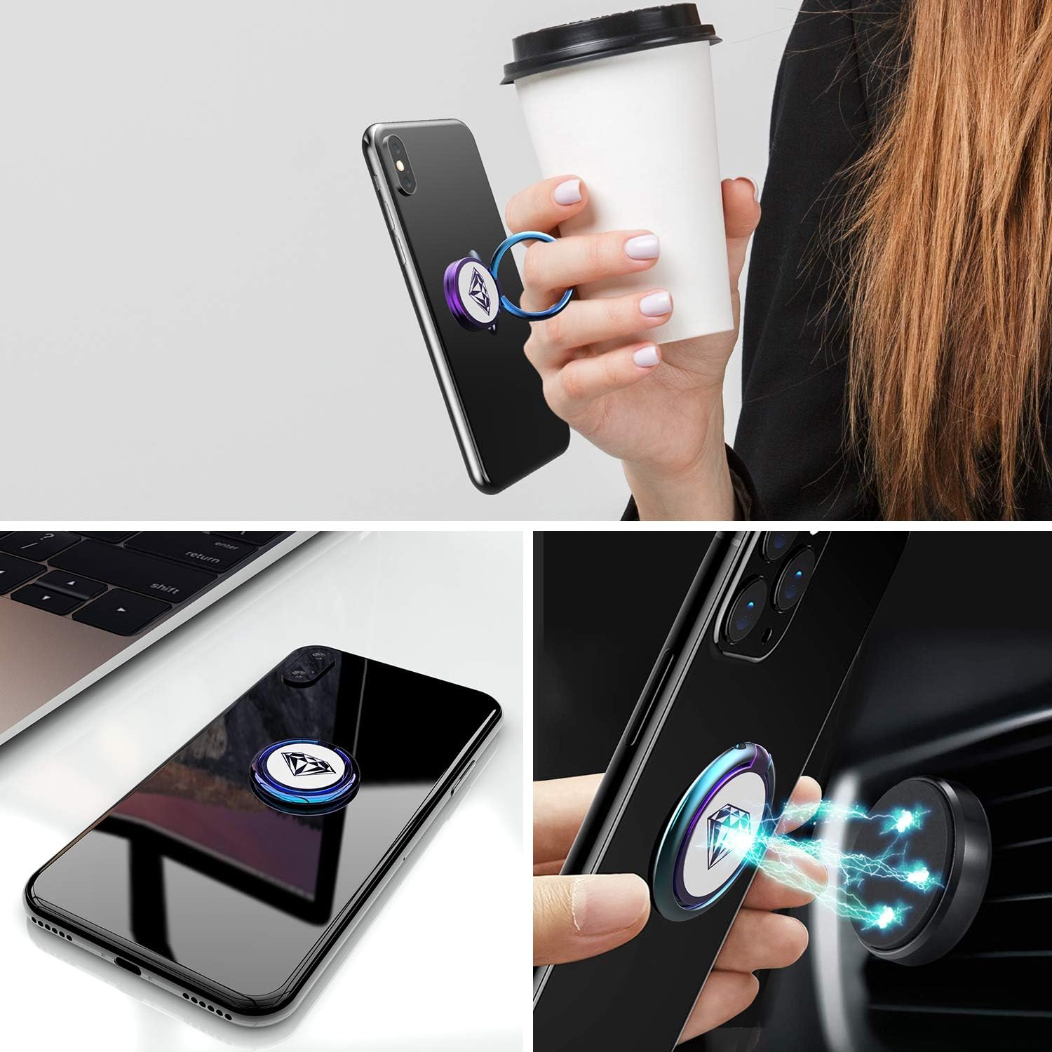 A-Maker Phone Ring Holder Finger Kickstand, 360° Rotation [Shiny Colorful Diamond] Metal Phone Ring Holder Stand,Phone Ring Grip for Magnetic Car Mount Compatible with iPhone, Samsung All Smartphone