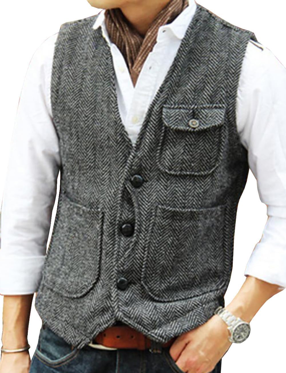 Drolia Men's Classic Wool Blend Waistcoat Herringbone Tweed Suit Vest Wedding