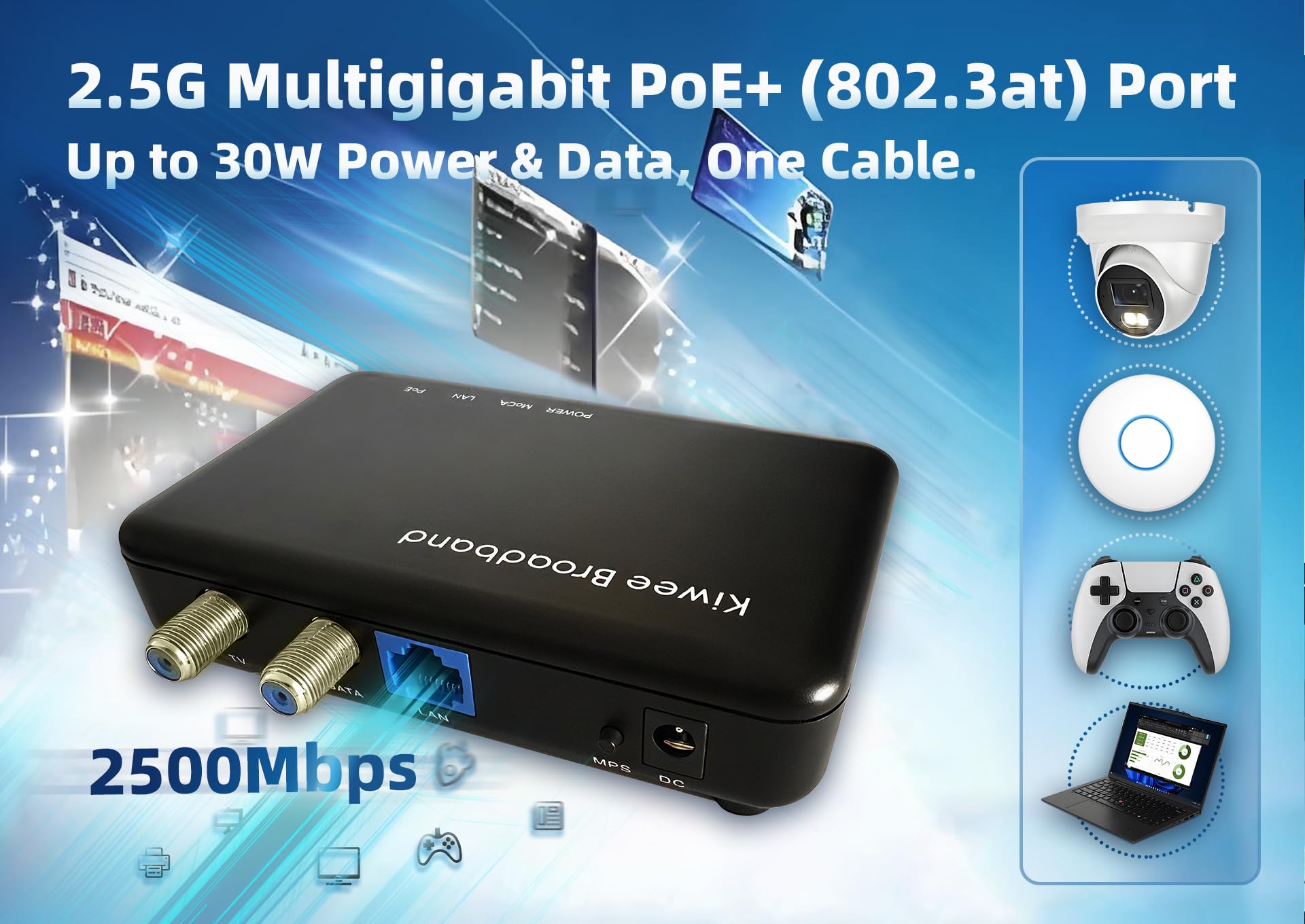 Kit Adaptateur MoCA 2.5 avec Port Ethernet 2,5G et PoE+ 30W pour Ethernet sur Coaxial – Idéal pour Points d’Accès Wi-FI 6E/7, Caméras IP et Plus – Modèle KB-M3-03