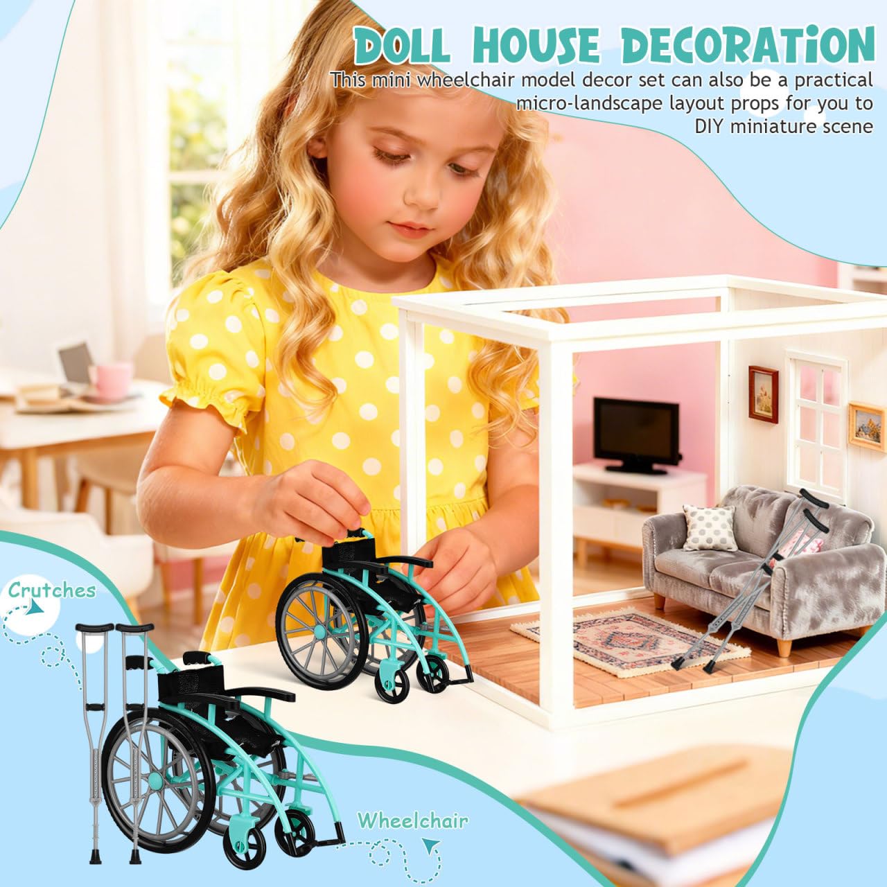 1 set di sedie a rotelle per casa delle bambole con stampelle, accessorio pieghevole per scene creative, per decorazioni paesaggistiche e progetti fai da te