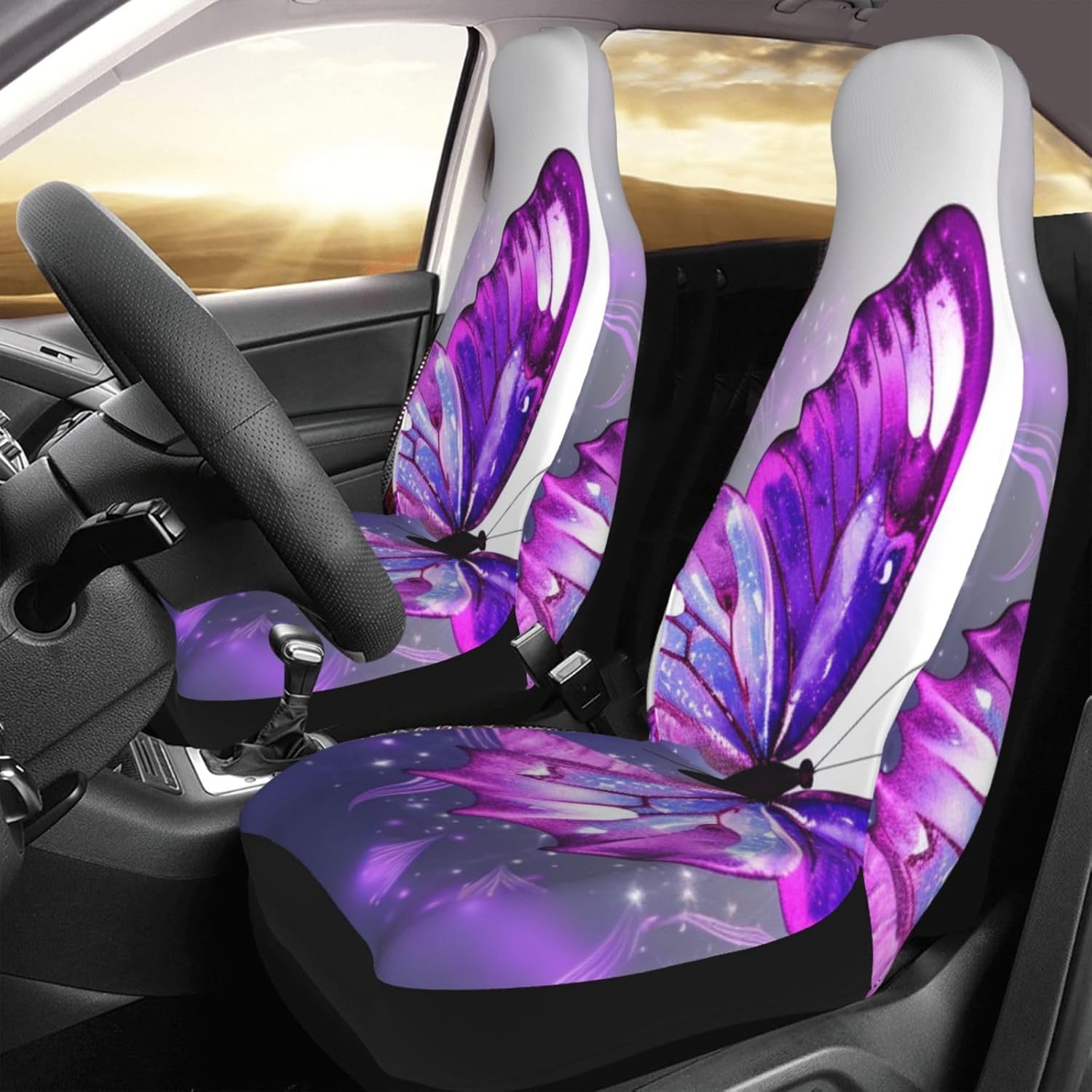 Purple Butterfly Print Car Seat Covers 2 Pcs Front Auto Seat Covers Car Bucket Seats Protector Covers Aesthetic Car Accessories Interior Cushion Decoration