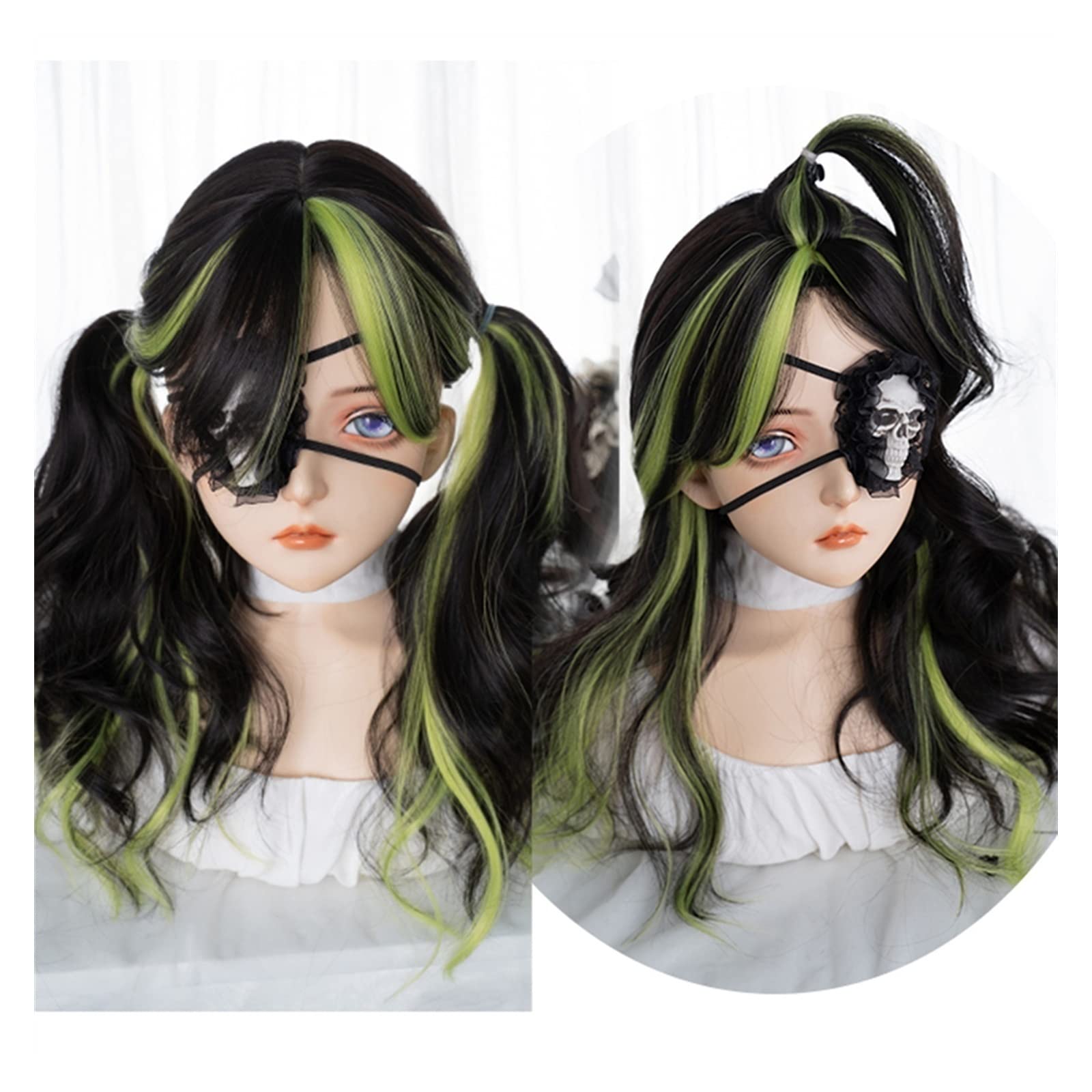 Perruque de cosplay verte pour femme avec frange rideau et cheveux synthétiques ondulés