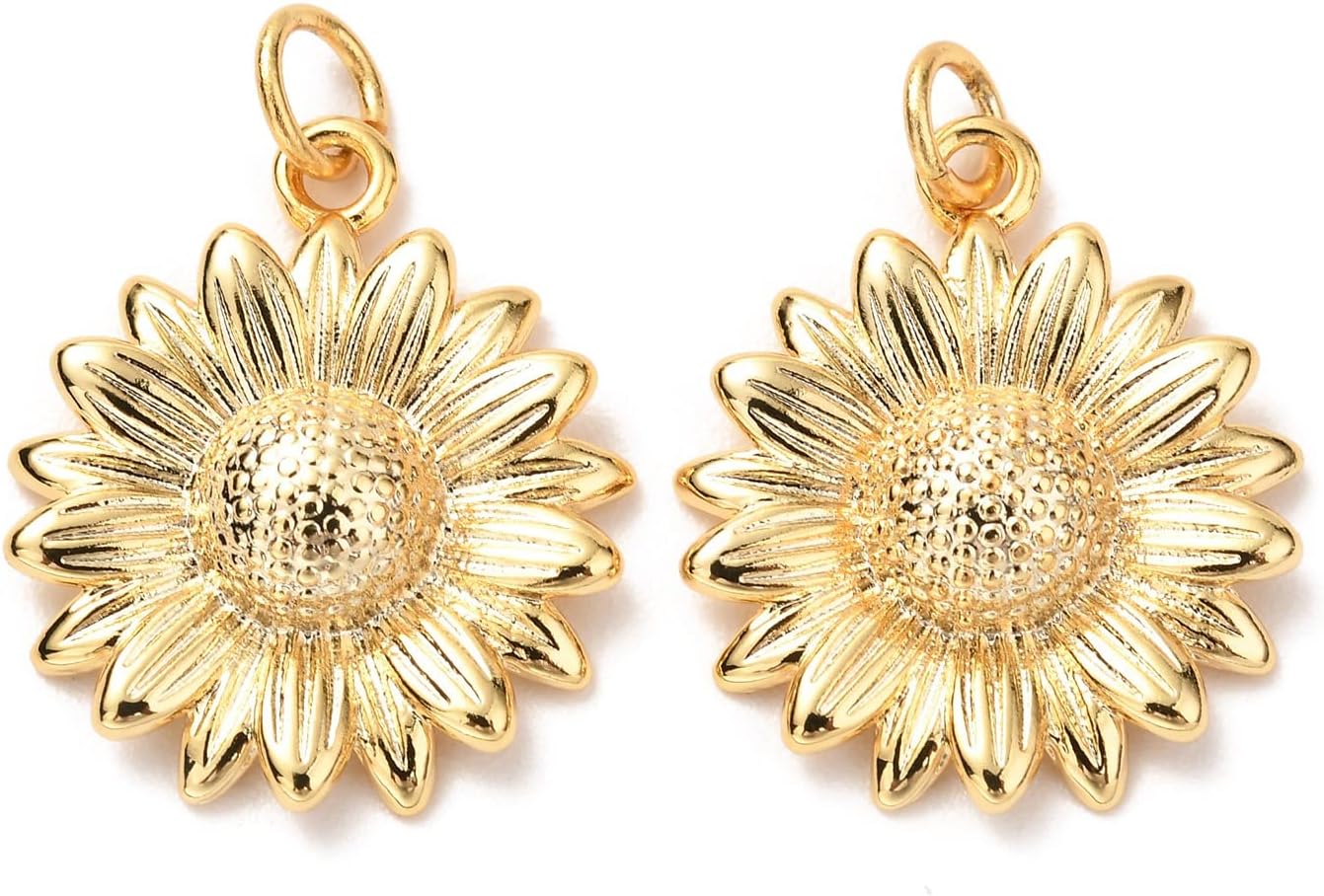 KitBeads 18k Real Gold Plated Daisy Charms - Brass Floral Sunflower Mini Chrysanthemum Flower for Jewelry Making Bulk (10pcs)