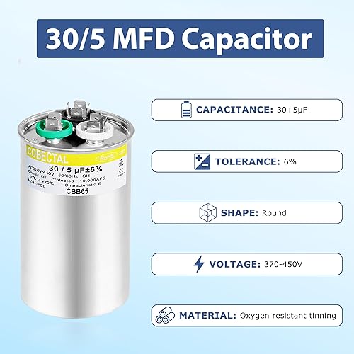 Miniatura 2 de 305 uF 30+5 MFD 370VAC440 VCA Condensador de AC redondo de arranque de doble carrera CBB65B Condensador para unidad de CA arranque del motor del