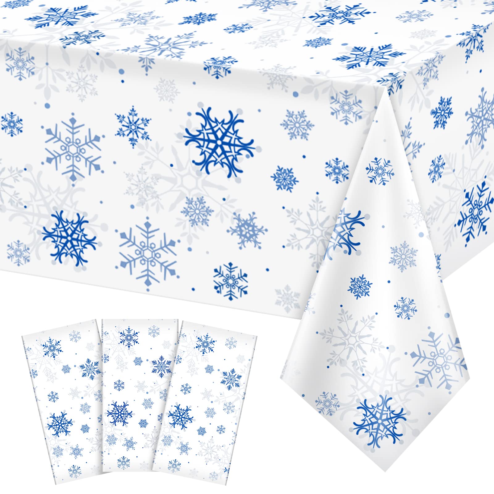 3 Pieces Snowflake Christmas Party Tablecloth Decorations,Plastic White Snowflake White Blue Xmas Backdrop Sign Table Cover Banner for Winter Christmas Holiday Party Supplies,54x108 inch（White/Blue）