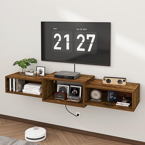 Miniatura 7 de IBUYKE Soporte flotante para TV montado en la pared con toma de corriente, estante de consola de madera montado en la pared, centro de