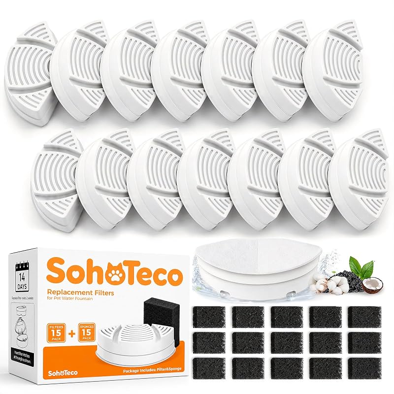 Refil para Fonte de Água para Cães SohoTeco com Carvão Ativado e Resina, 15 Filtros + 15 Esponjas