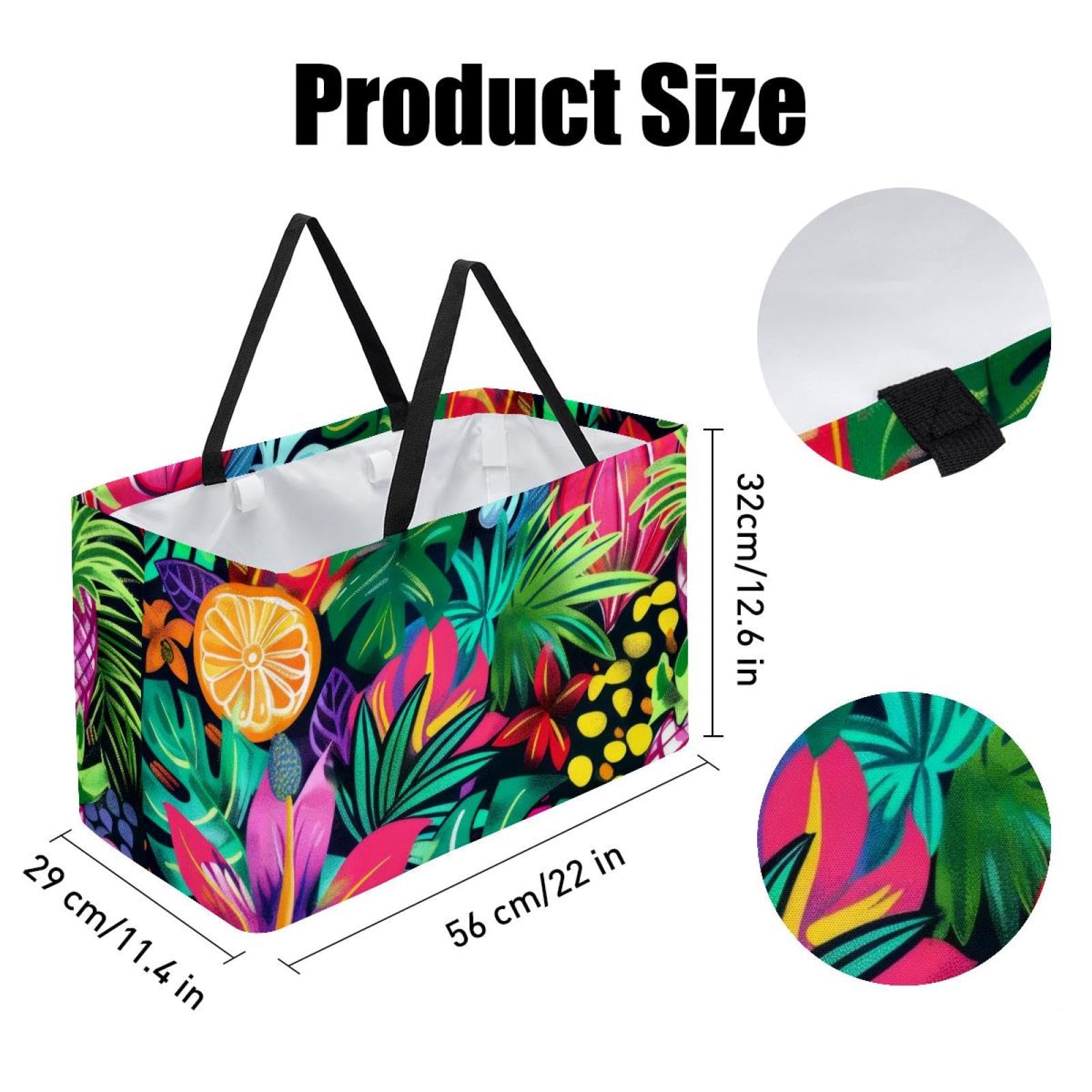 Grand sac de courses à motif tropical estival coloré, réutilisable, pliable et lavable pour la plage, le pique-nique, le camping, multicolore, 22.0x12.6x11.4 in/56x29x32 cm