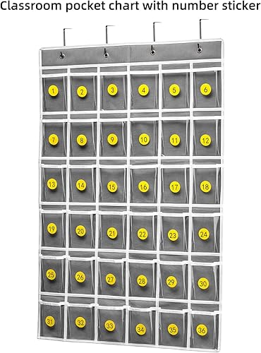 Vista 26 de 36 bolsillos transparentes para el aula para teléfono celular y soporte para calculadora, bolsillo para colgar en la puerta para el aula con Azul-1