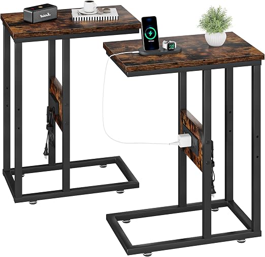 VECELO C Shaped End Table with Charging Station & Power Outlets, 2 set