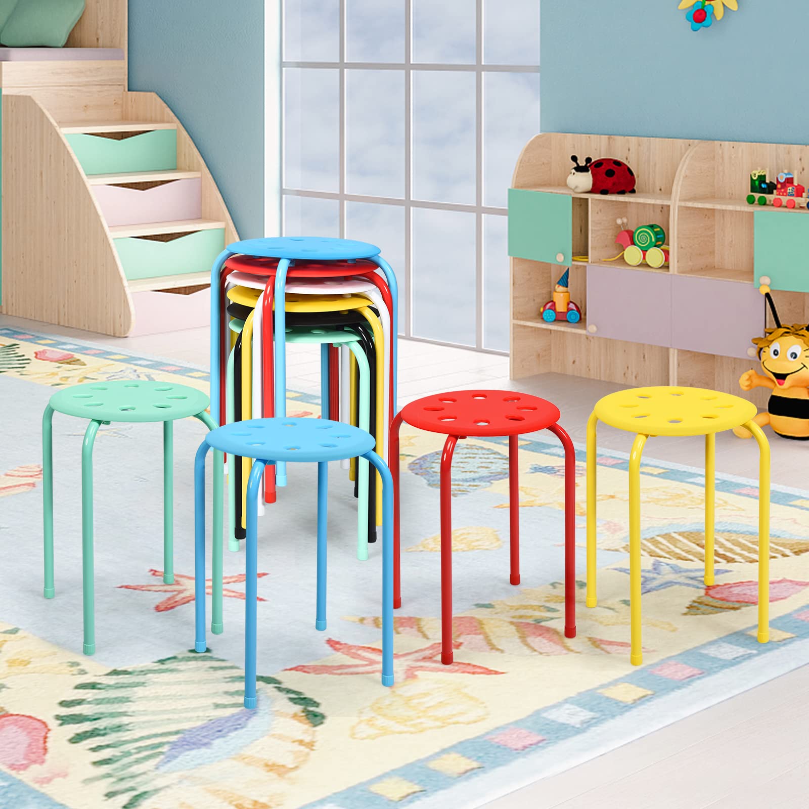RELAX4LIFE Stapelhocker 6er Set, Esszimmerhocker Stapelbar, Sitzhocker mit X-förmigem Metallrahmen, Küchenhocker Rund, Metallhocker für Esszimmer Wohnzimmer Kinderzimmer, 45 cm Höhe (Bunt)