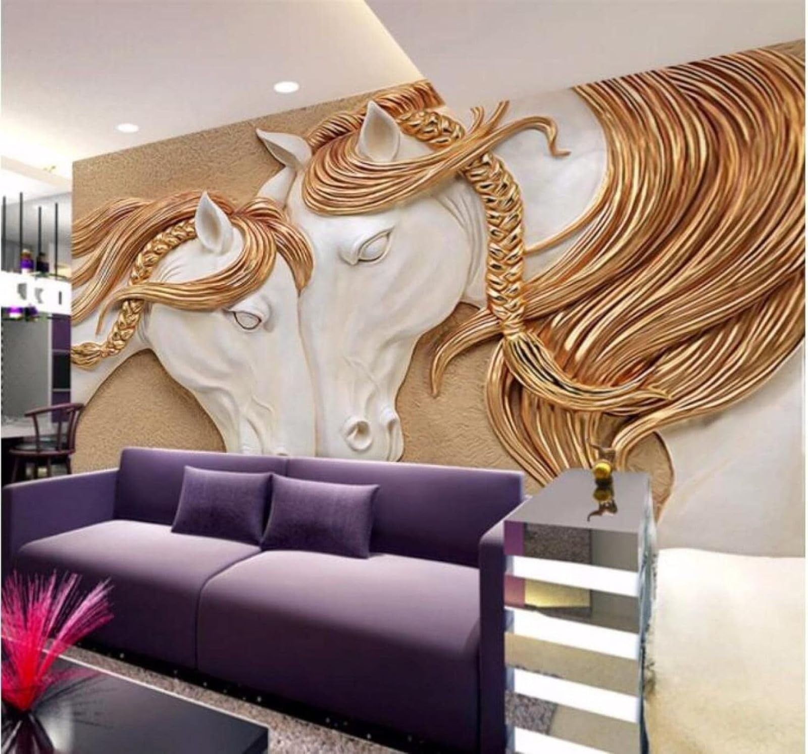 Xlming 150Cm×105Cm(B×H) Relief Three Dimensional Light Luxury White Horse Art 3D Wallpaper Luxury Home Dining Decor Paste Sofa Living Room The Wall For Bedroom Mural-150Cm×105Cm