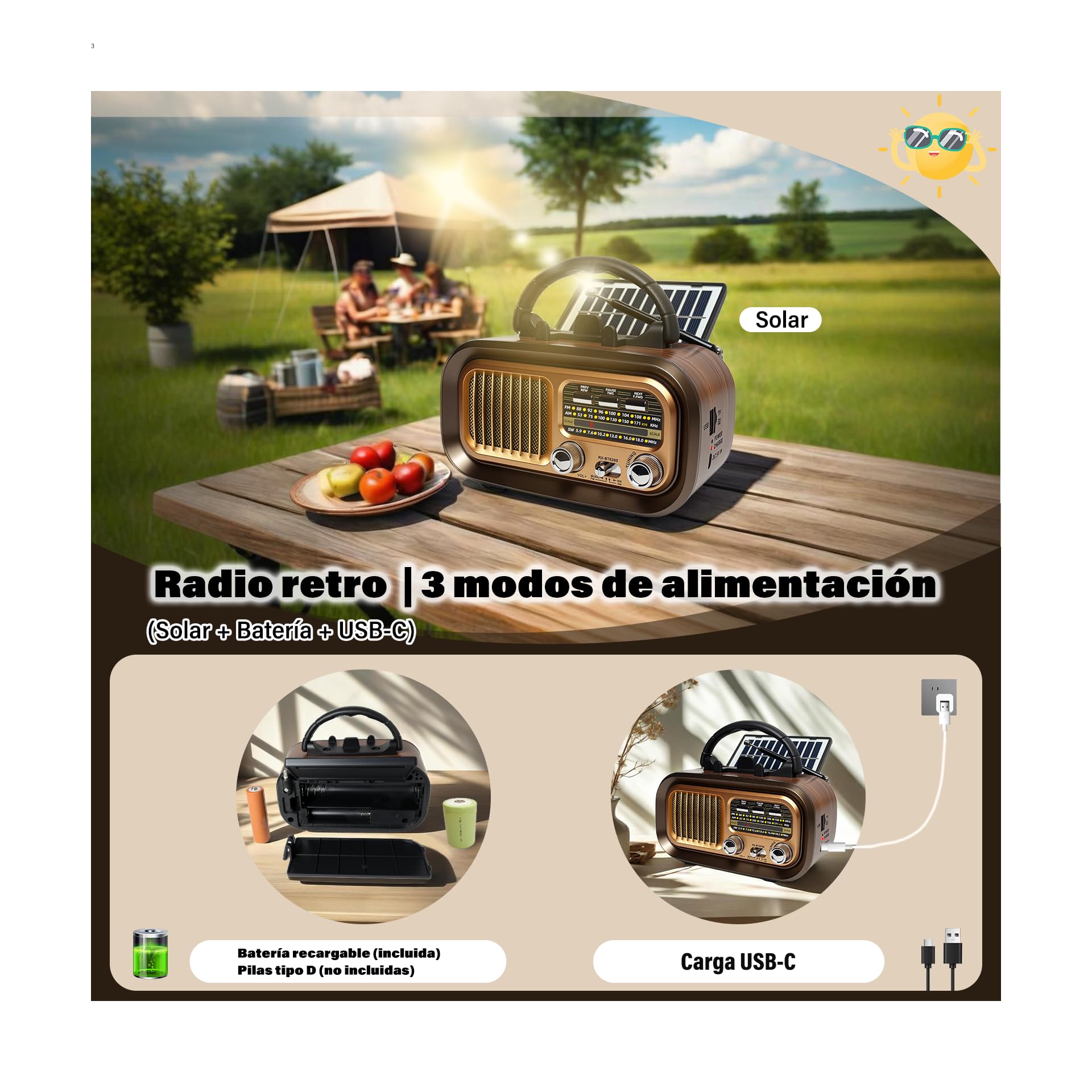 Radio Portatil Pequeña, Am/FM/SW Transistores Radio con Panel Solar, Radio Bluetooth Retro Alimentada por Baterías Recargables de 1200mAh o Pilas D, Radio FM Soporta USB/Tarjeta TF/TWS
