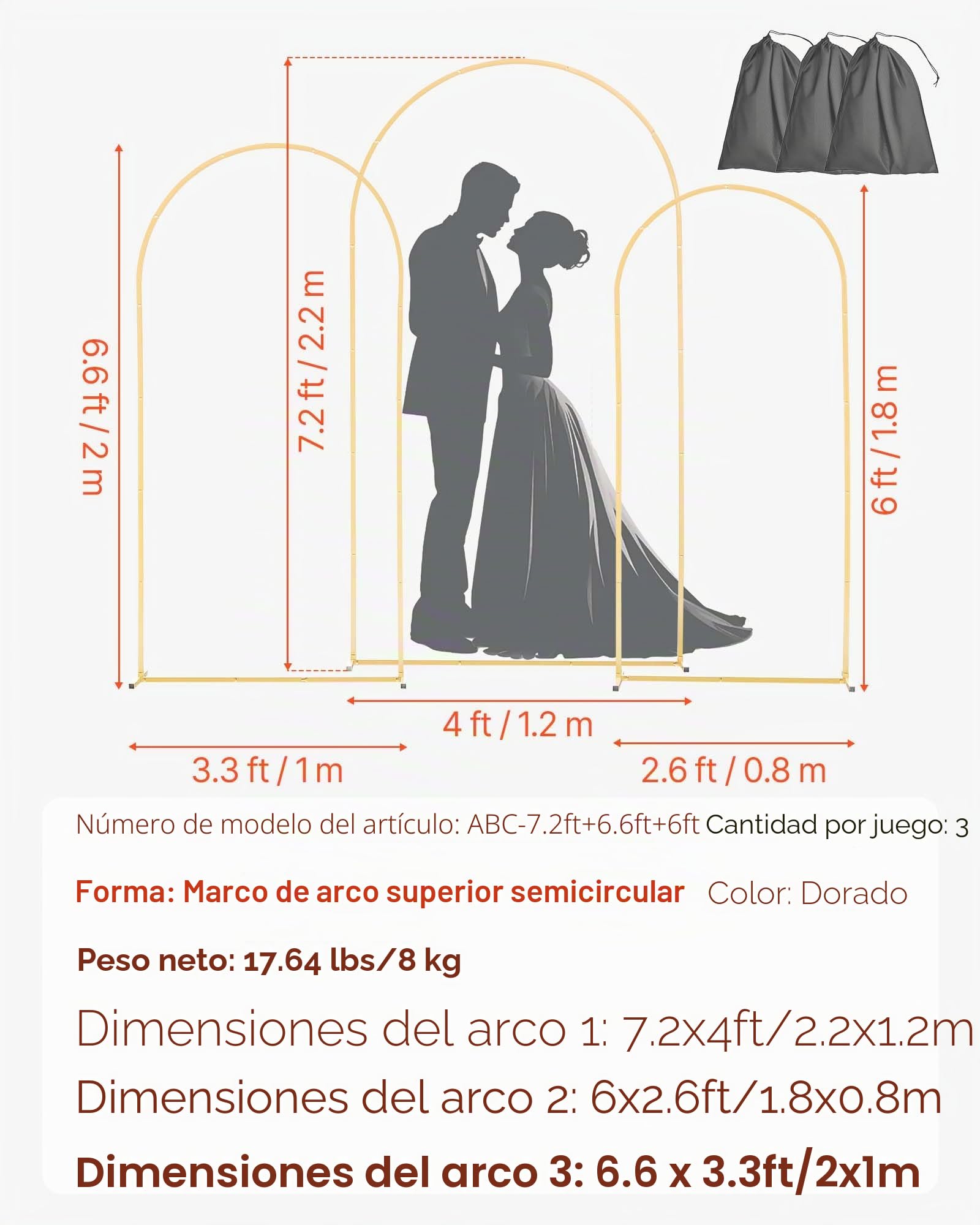 VEVOR Soporte de Arco Dorado, Juego de 3 uds de 2,2 x 1,2 m/2 x 1 m/1,8 x 0,8 m, Estructura Estable, para Fondo de Bodas, Cumpleaños, Graduaciones, Fiestas y Decoración de Ceremonias, Semicircular