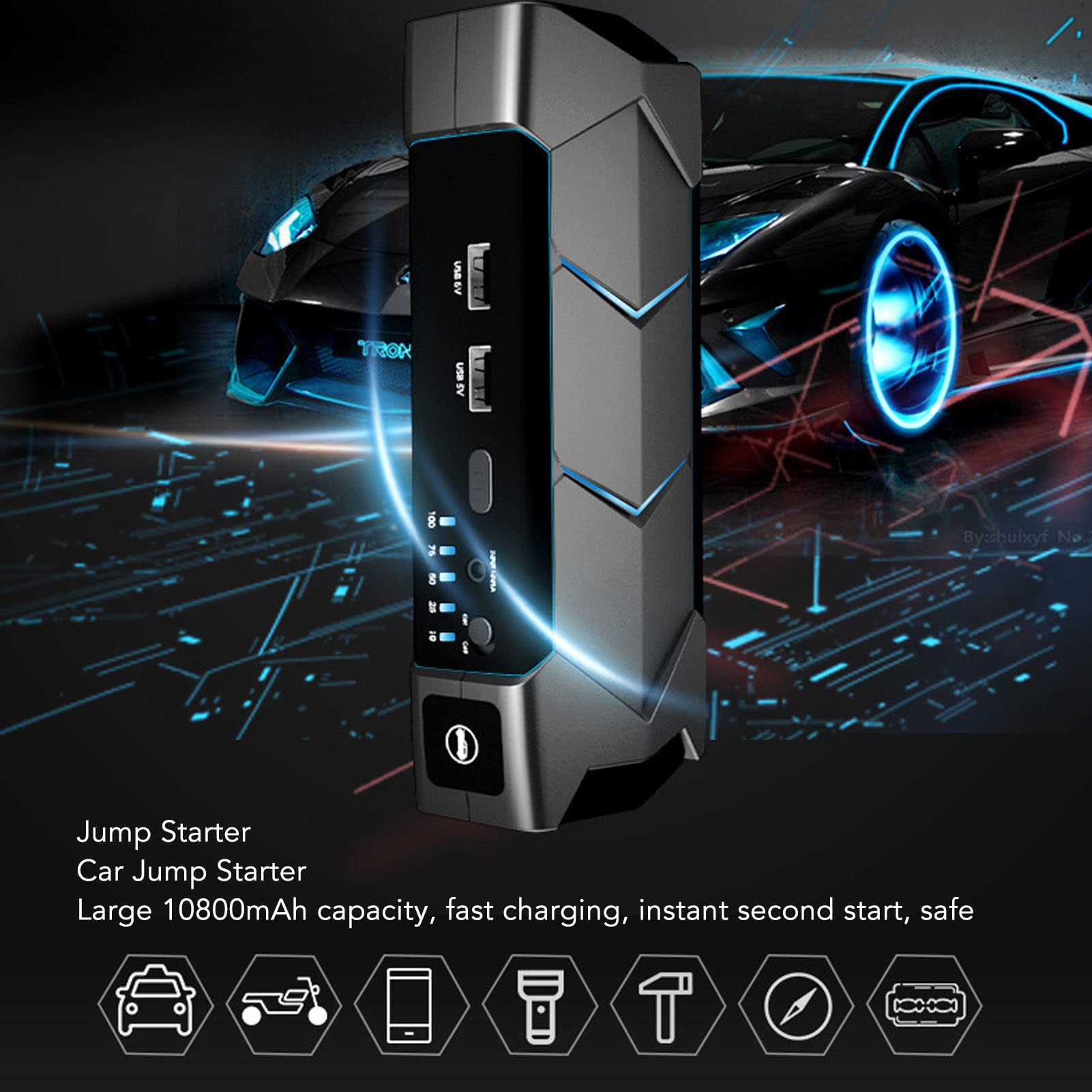 Démarreur de Saut 800A 10800mAh 12V, Alimentation de Secours Portable, Démarreur de Saut avec Banque d'alimentation de Secours à Lumière LED pour Moteur 7.2L Essence 5.5L