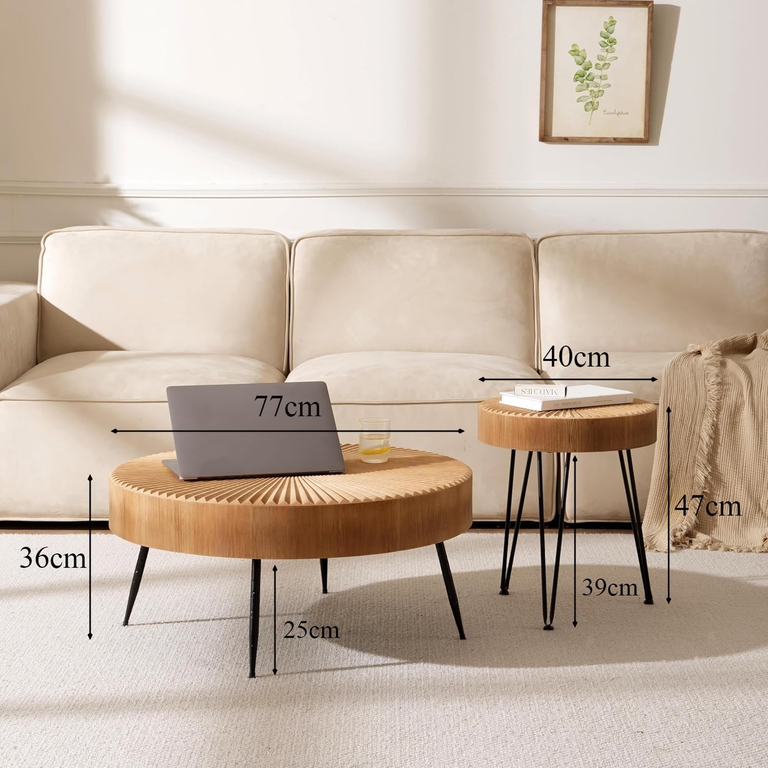 Couchtisch Rund Holz, 2er Set Wohnzimmertisch Rund Holz in linearem Design, Coffee Table Set mit Schwarzen Metallbeinen, Couchtisch im Wohnzimmer, ø77x36cm mit 40x47cm