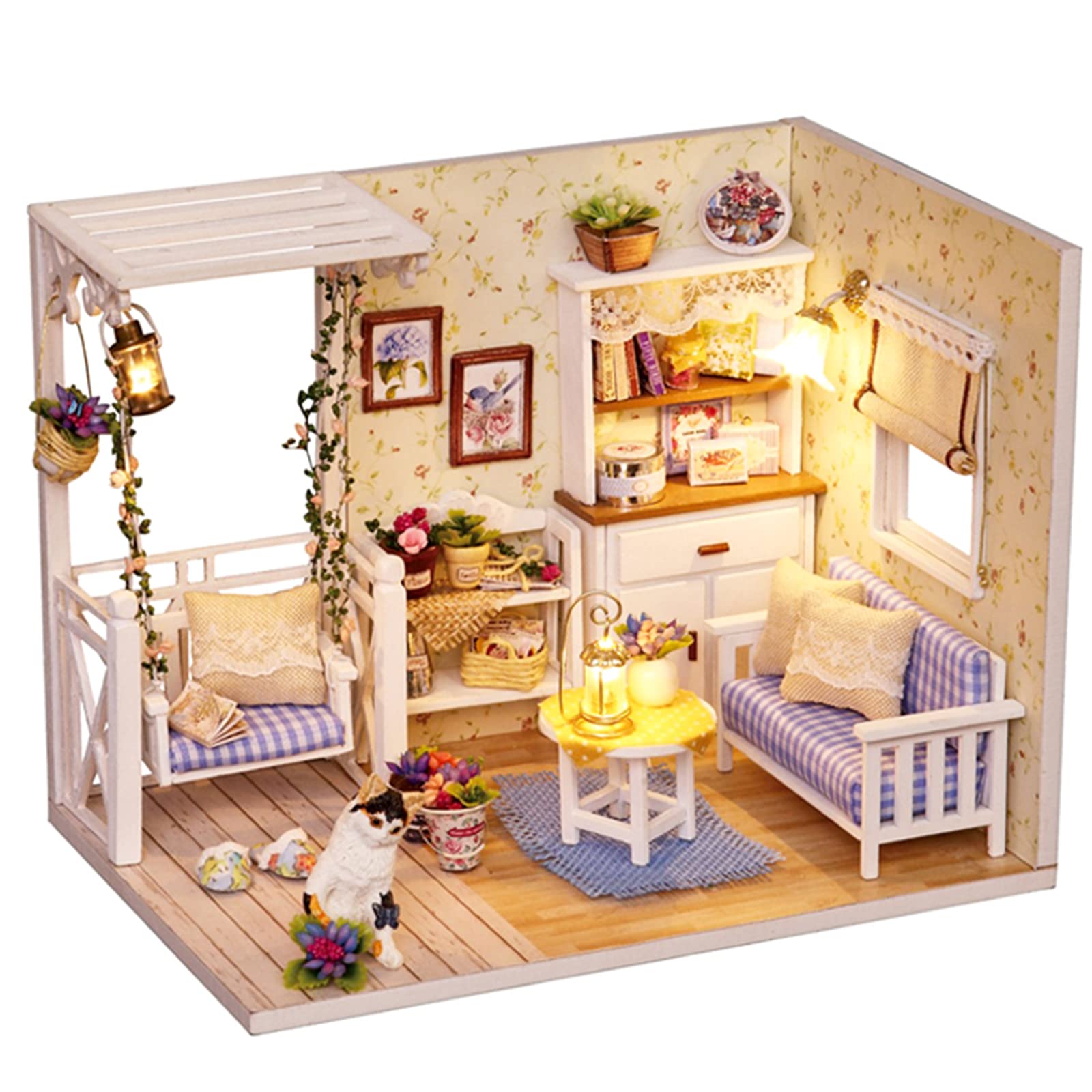 Lannso DIY Dollhouse Miniature Wooden Furniture Kit, Doll House Kit with Dust Proof Cover, Mini Handmade Wooden Dollhouse Toys for Adult Gift(H13)