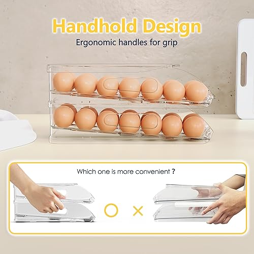 Miniatura 4 de Soporte para huevos para refrigerador, contenedor automático de huevos con parachoques suaves y asa para refrigerador, organizadores apilables para