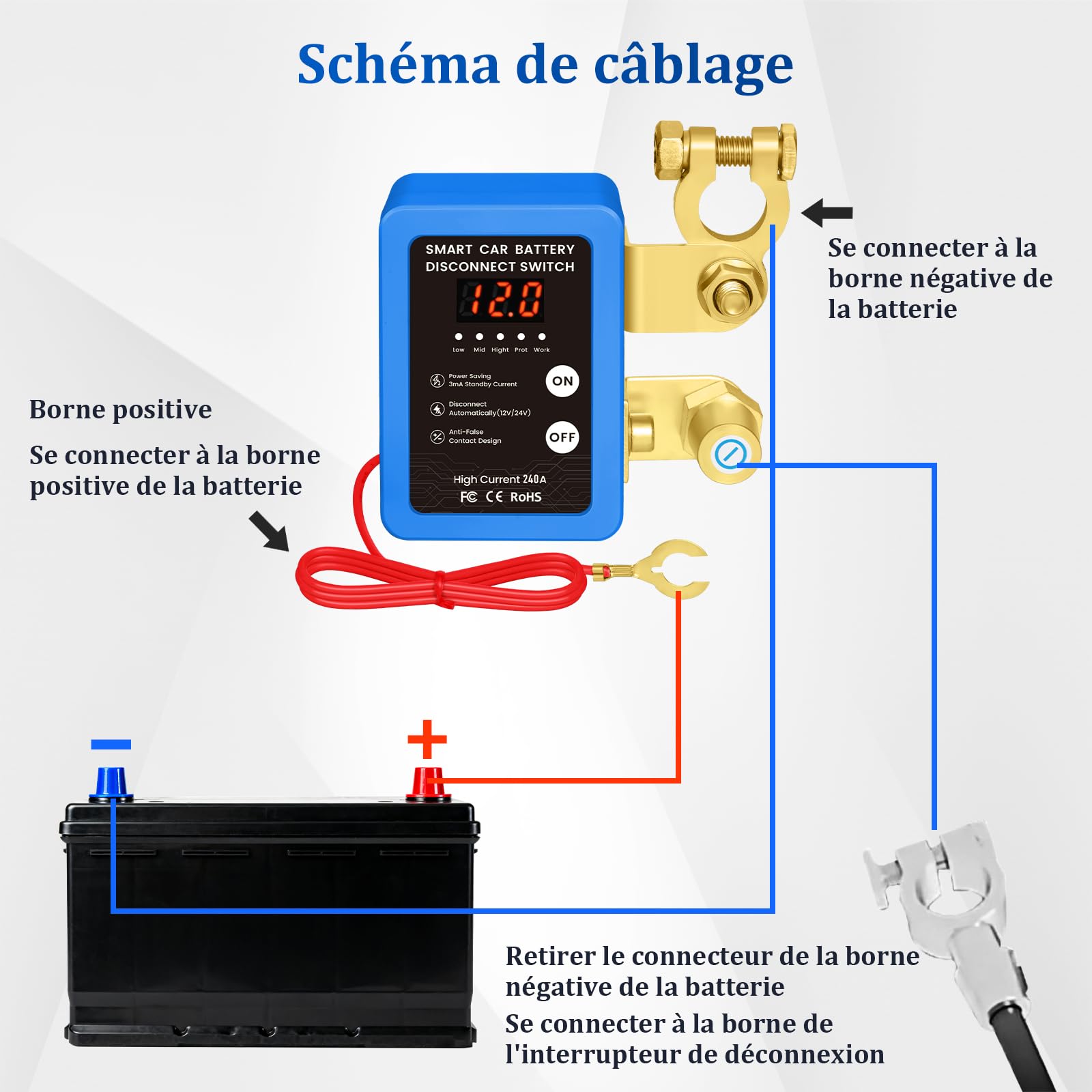 Coupe Circuit Batterie 12V, Coupe Circuit, Disjoncteur de Batterie Télécommandé Sans Fil, Interrupteur D'arrêt Automatique avec Affichage LED pour Voiture, Camping-Car, ATV, Bateau (Blue)