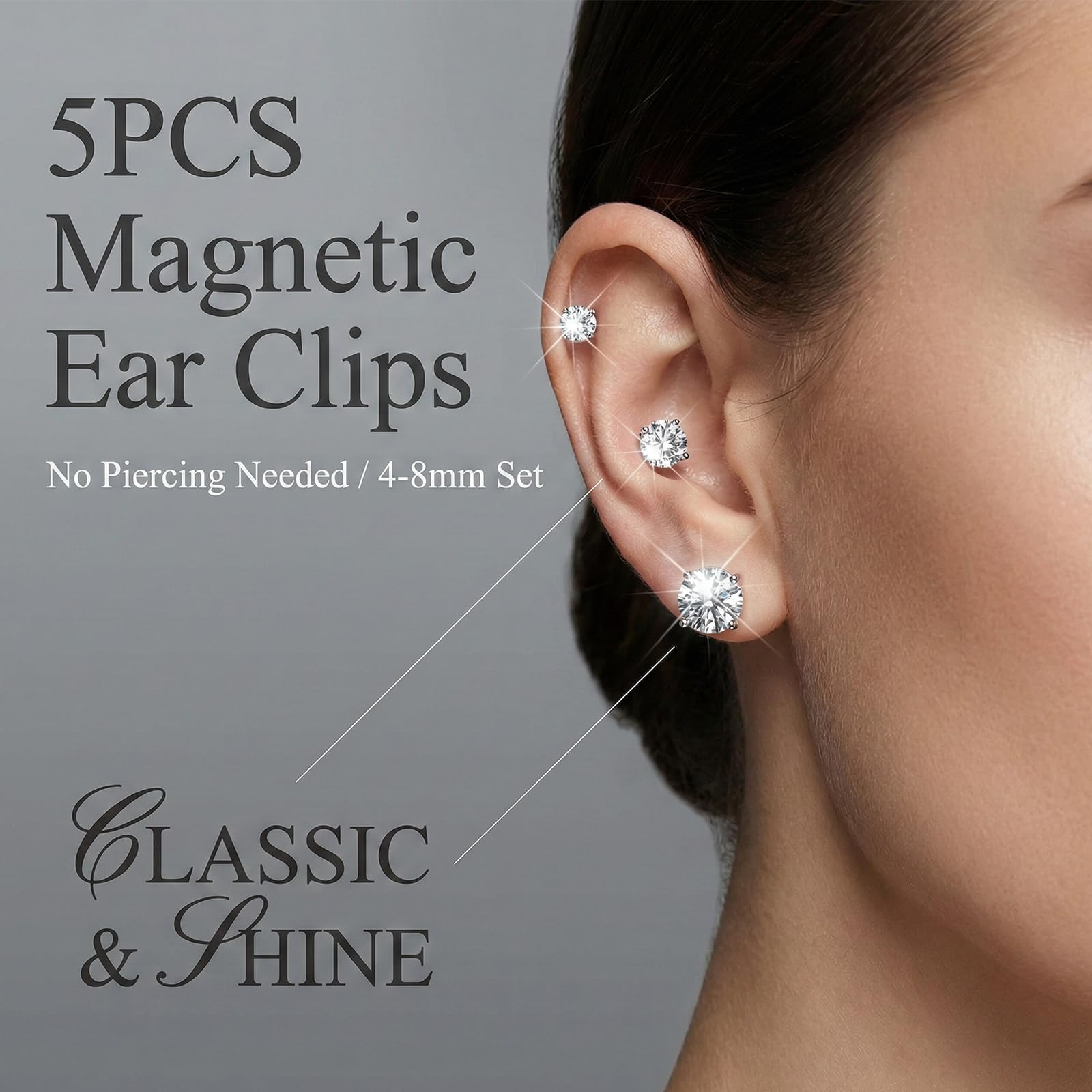 Kit 5 Paia di Orecchini Clip Magnetici con Zirconi - Adesione Sicura e Regolabile, Ideale per Ogni Occasione - Accessorio di Moda Non Perforante per Uomo/Donna, Pronto da Indossare 4-8mm