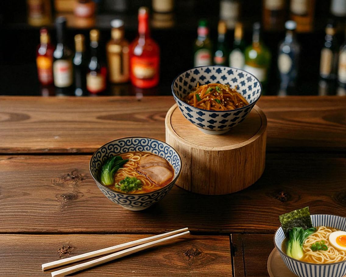 Japan-Bowls AsiATICA - Lot de 5 bols à ramen en porcelaine de 15 cm - Bols asiatiques de qualité supérieure pour riz, pâtes, tapas, udon, céréales - Set de bols à soupe avec designs japonais (Seigaiha