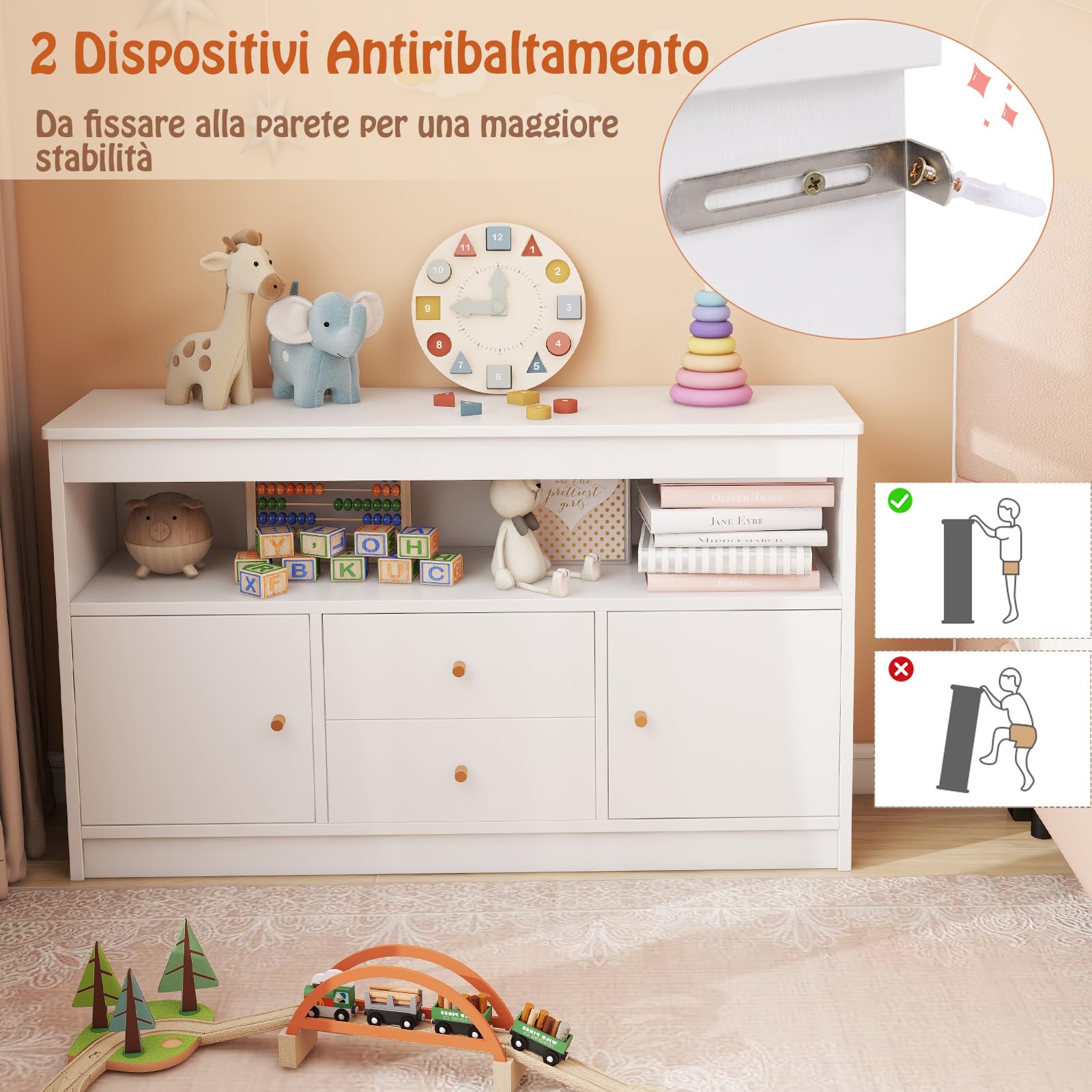 GYMAX Armadio di Giocattoli per Bambini, Mobile con 2 Cassetti, 2 Armadi Chiusi e 1 Scomparto Aperto, Scaffale Libreria in Legno da Pavimento per Sala Giochi, Asilo, Cameretta, 106x30x62 cm (Bianco)