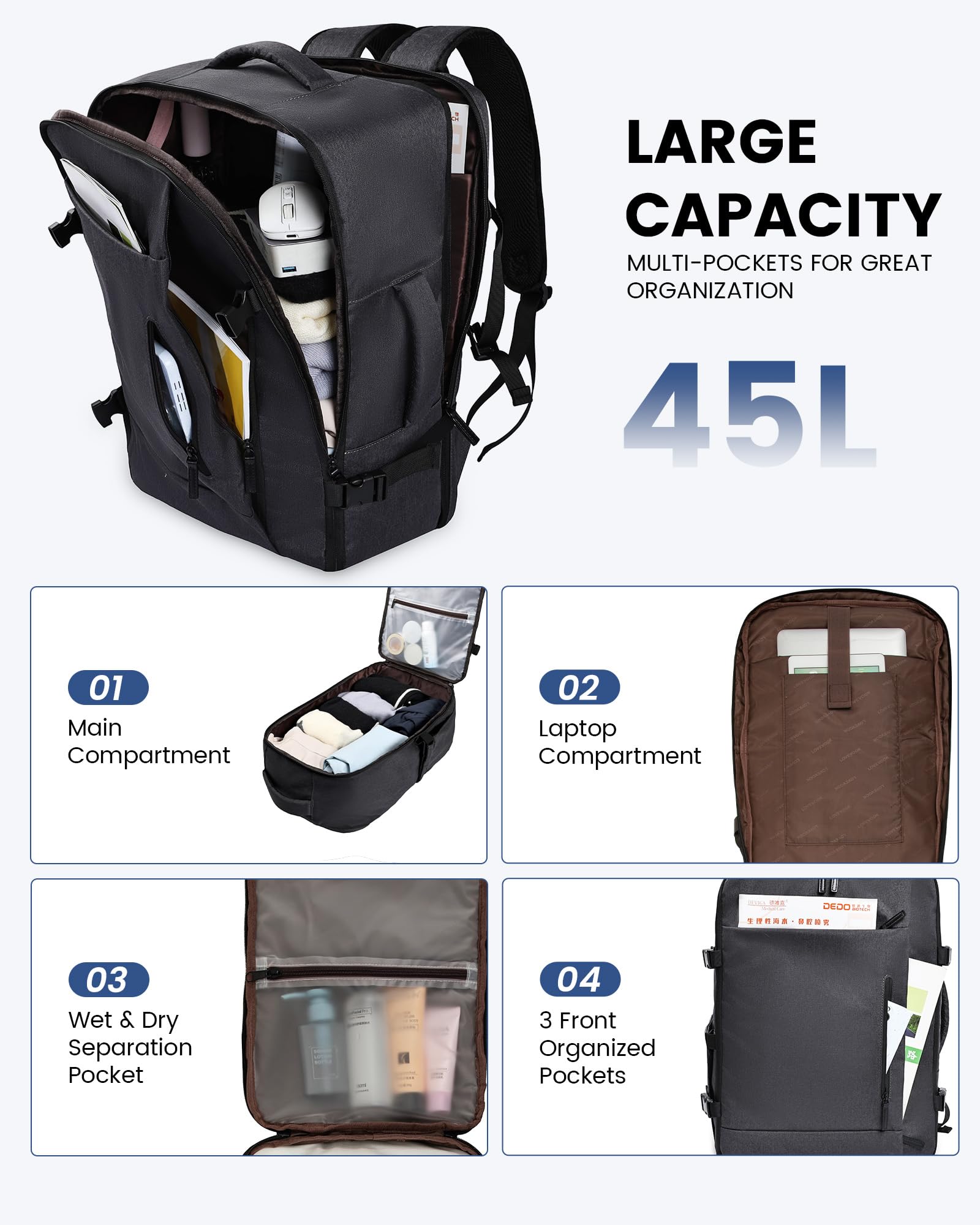 LOVEVOOK Mochila de Viaje para Avión, Equipaje de Mano, Bolsa para Cabina para Vuelos, Mochila de Viaje para Mujer y Hombre, Mochila Porta PC para Escuela, Trabajo, Senderismo, gris oscuro, 18 Pollici