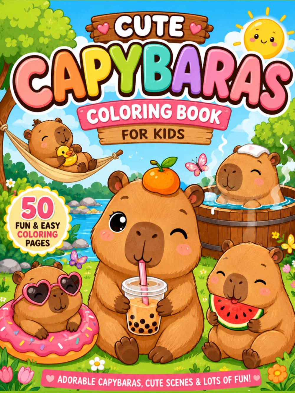Cute Capybaras Coloring Book: 50 Fun and Adorable Capybara Coloring Pages