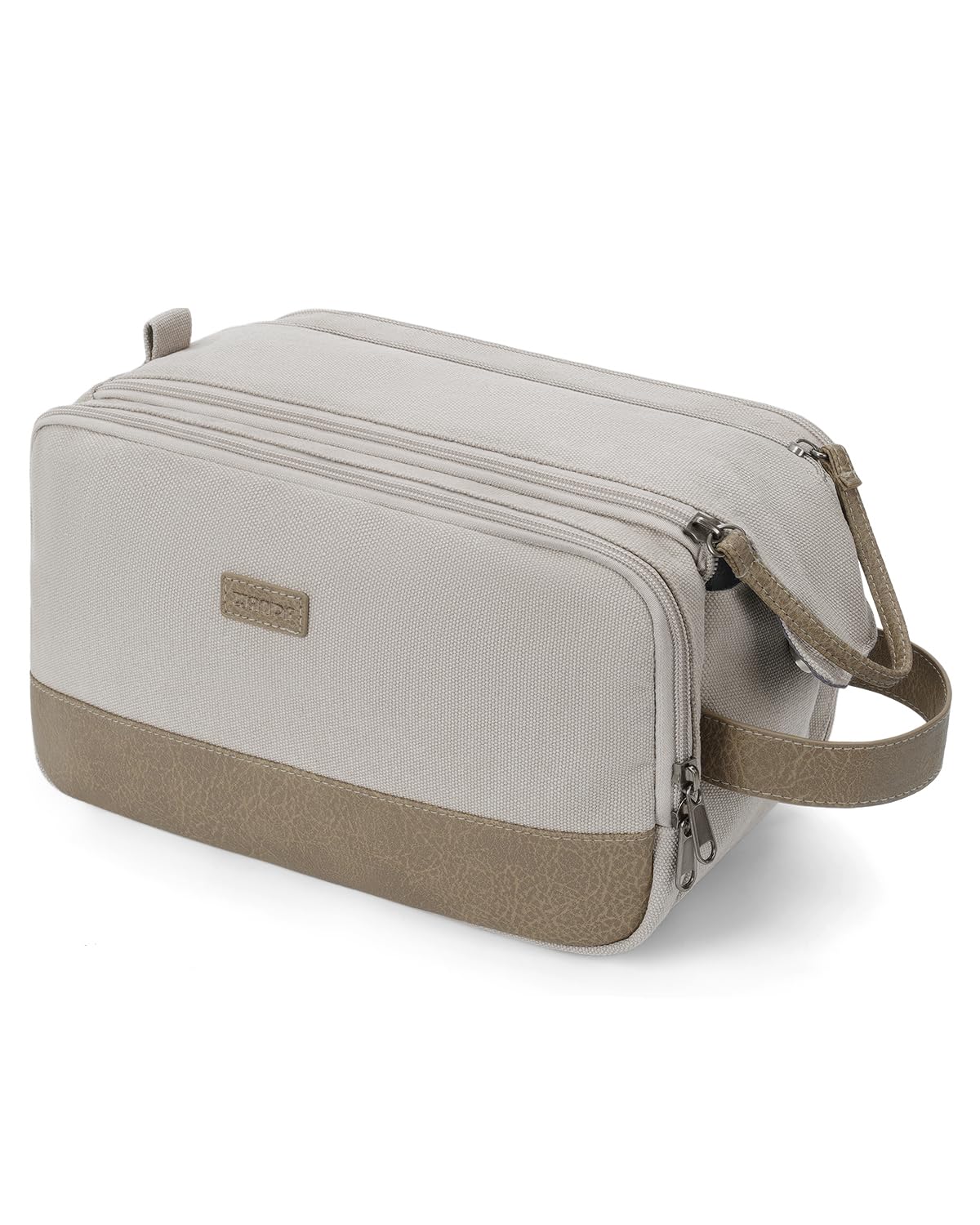 WANDF Toiletry Bag for Men Travel Toiletry Organizer Canvas and Leather Dopp Kit Water-Resistant Shaving Bag for Travel Accessories (Cream Beige,