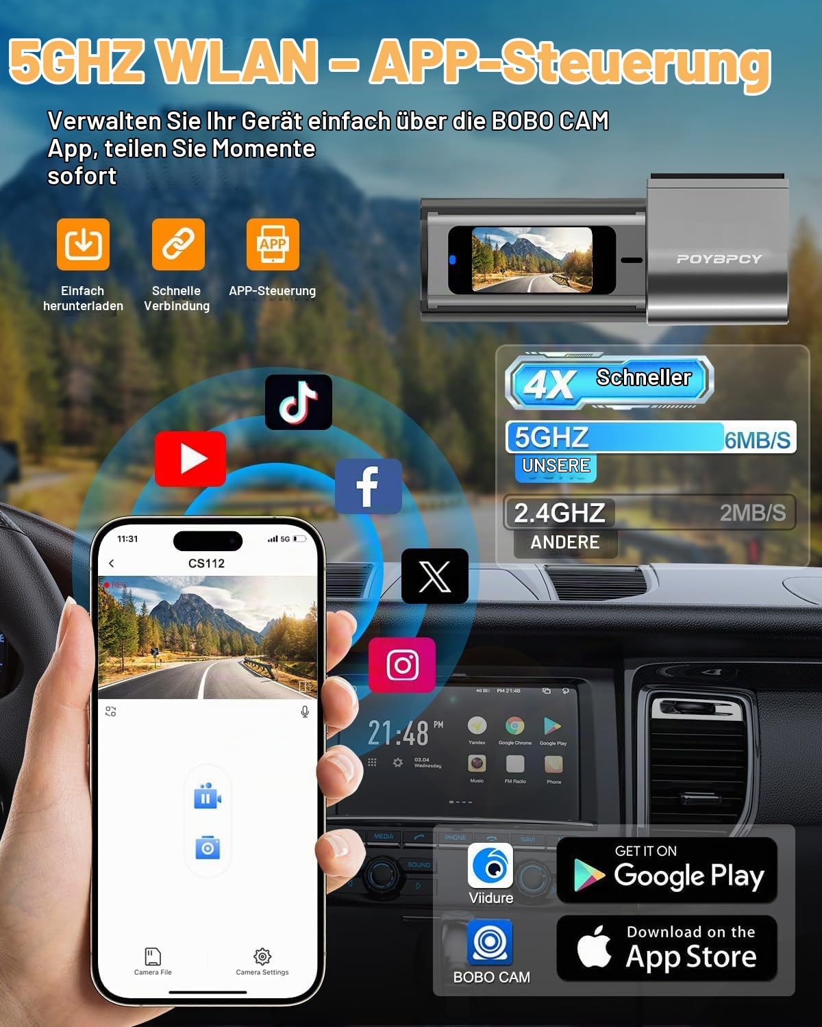 Dashcam Auto Vorne 4K WiFi Dash Cam 360° Drehbar mit 64GB SD Karte, 1.47" IPS Mini Auto Kamera mit CPL, Super Nachtsicht, WDR, 170° Weitwinkel, G-Sensor, Loop-Aufnahme, APP Steuerung, Max 256GB