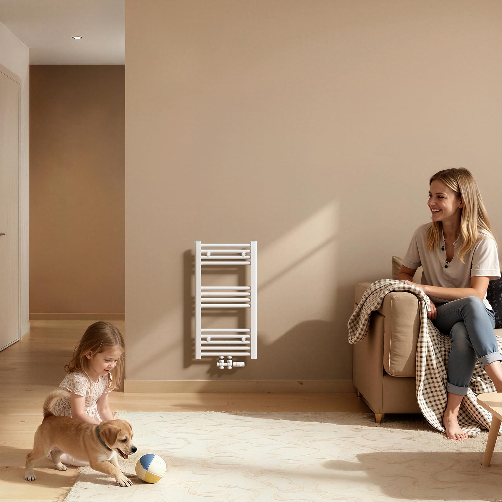 EMKE Radiador Toallero 750x400 mm, Radiador de Baño con Conexión Central, Calentador de Toallas, Secador de Toallas, Radiador de Baño, Blanco 244W