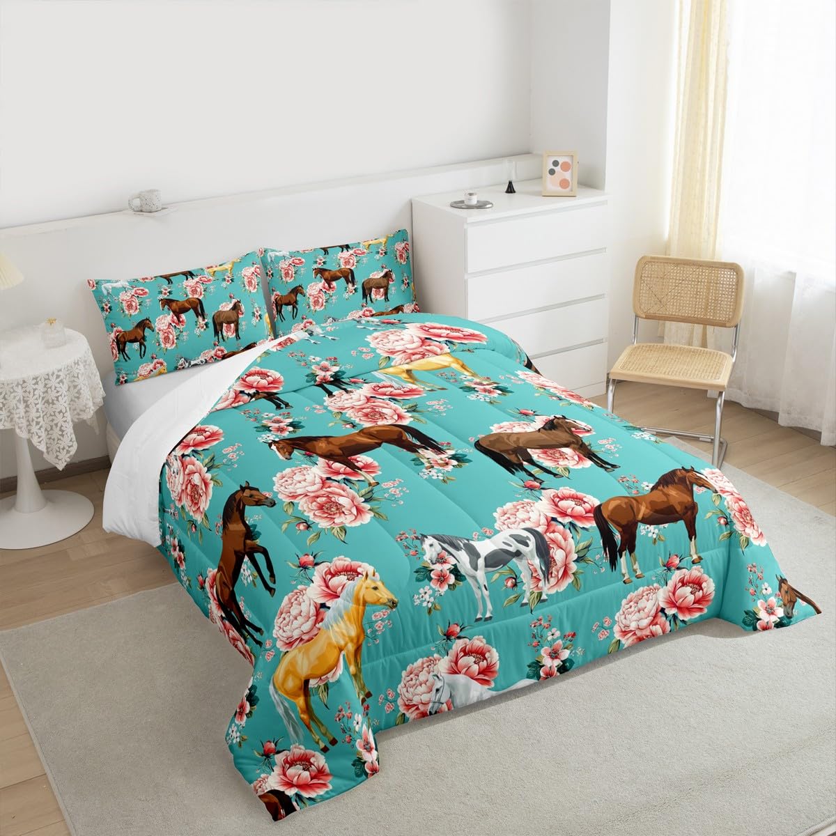 Erosebridal Juego de edredón de caballo para niñas, juego de ropa de cama de flores rosas para niños, edredón de plumón de caballo galopante, juego de edredón para mujeres, vaqueras vaqueras