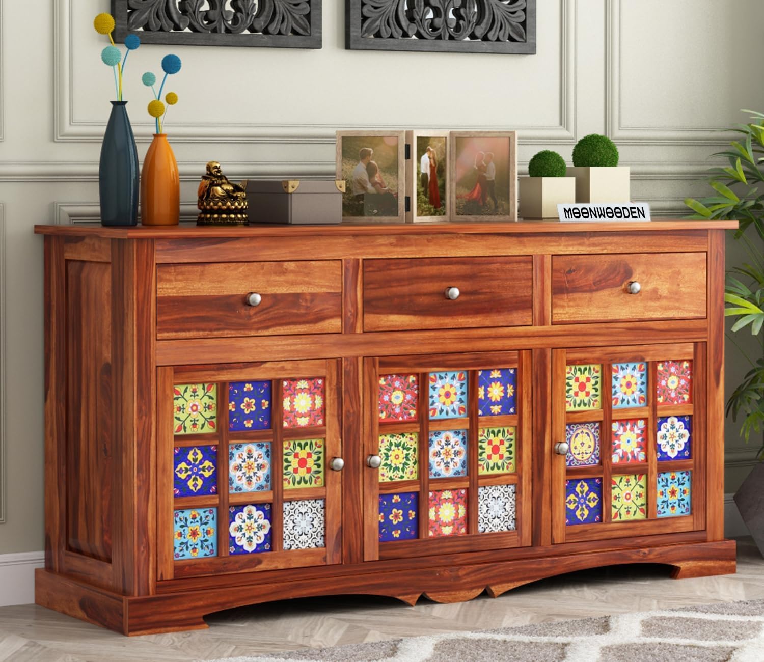 MoonWooden Sheesham Wood Sideboard with 3 Drawer & 3 Door Storage Cabinet for Living Room Bedroom Blue Pottery Pattern Ceramic Tilic Design Sideboard Cabinet (Natural Finish)-image-25