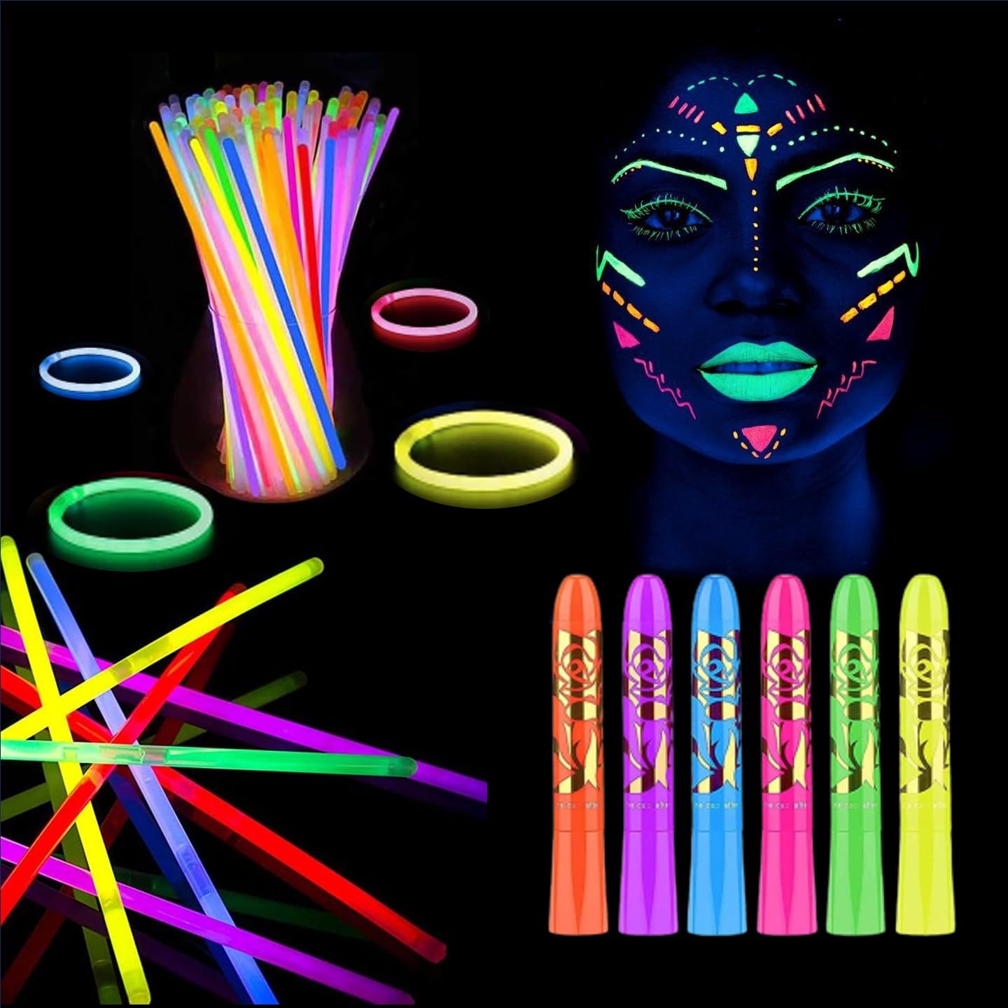 TERRAPOPA Neon Party Experience. 100 Pulseras Luminosas Fluorescentes y Pintura de Neon Hipoalergénica para hacer tu fiesta inolvidable