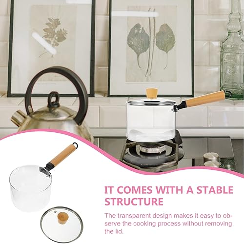 Miniatura 2 de Kichvoe Cacerola de vidrio para leche con tapa, 50.7 fl oz, olla y sartén de vidrio con tapa y mango de madera, juego de utensilios de cocina de
