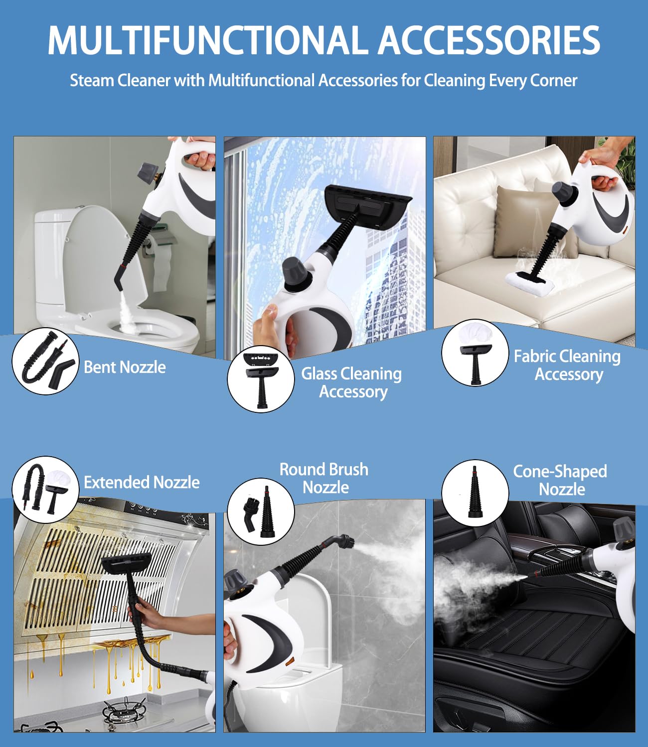 Nettoyeur à Vapeur Portable, 1050 W Nettoyant Vapeur à Main avec 12 Accessoires, 3,2 bars, Multi-Usage Steam Cleaner, Pour Canapé Tapis Matelas Meuble Voiture Cuisine Salle de Bain Sol Fenetre