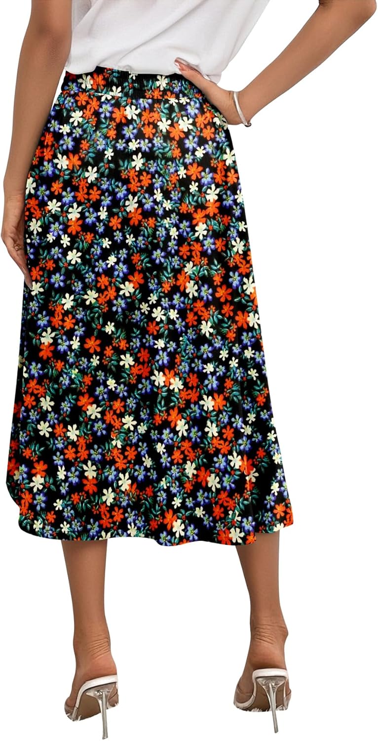 Angerella Womens Skirt Midi High Waist A-Line Casual Floral Print Trendy Bohemia Work Elegant with Pockets - Image 6