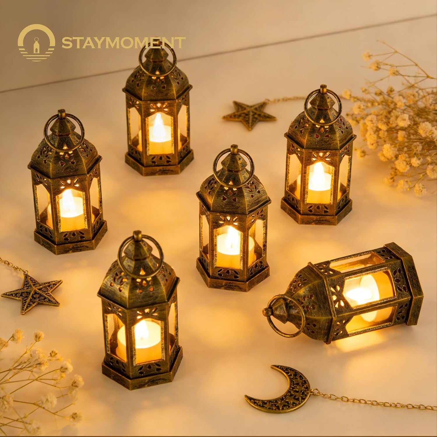 Mini Lanterns with Remote Control: 10 Pcs Gold Lantern with Timer Dimmer Table Centerpieces Decorations for Ramadan Wedding Party Camping Decor