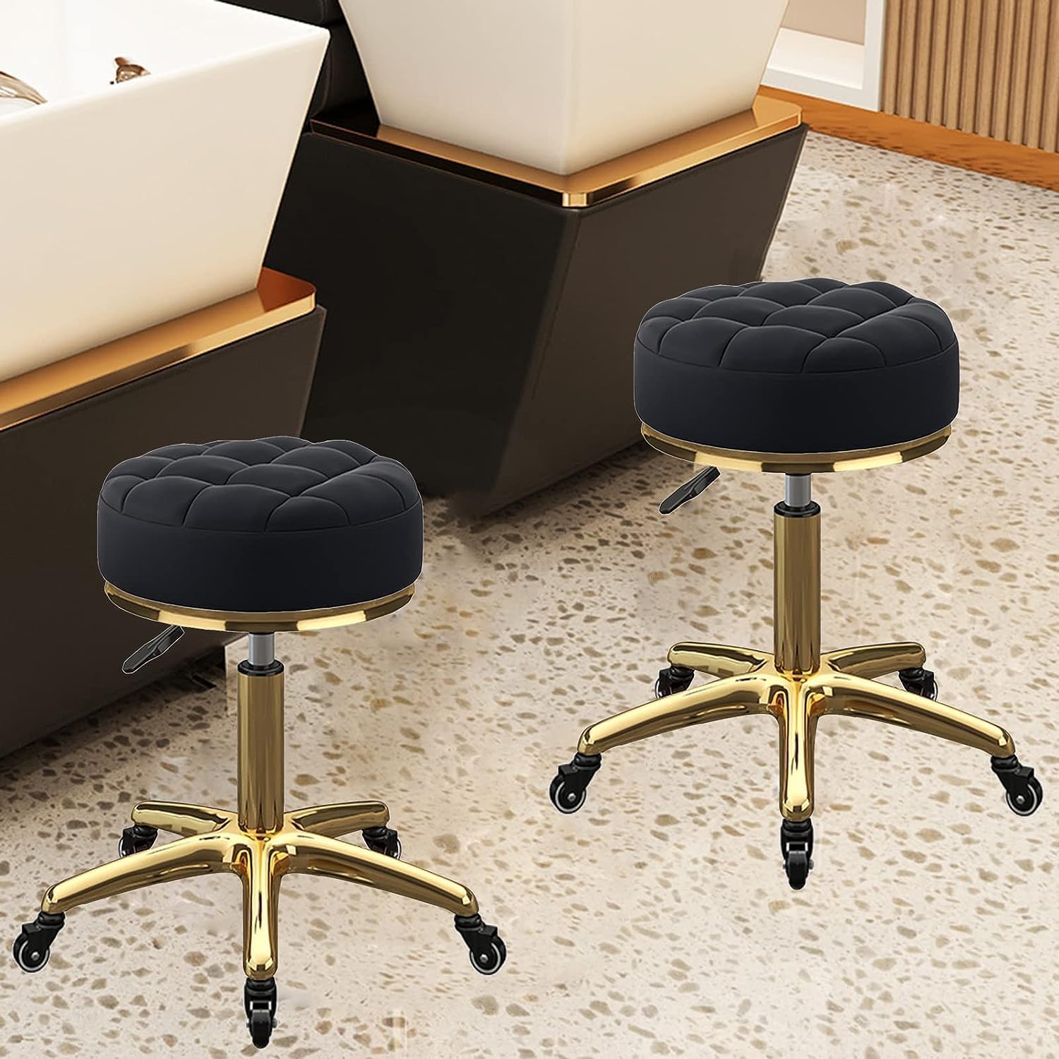 Tabouret de maquillage pour comptoir de salon de beauté, chaise pivotante ronde barre roulante métal titane or 5 griffes avec roues (couleur : noir)