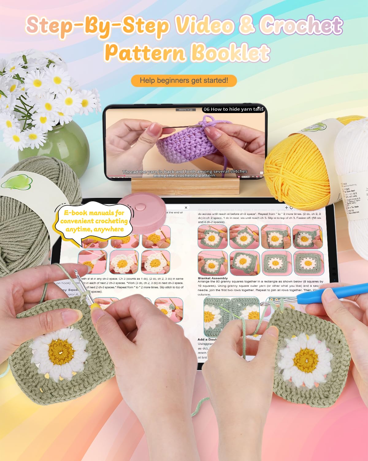 Coopay Häkeldecken-Set für Anfänger, quadratisches All-in-One-Set mit Schritt-für-Schritt-Video und genug Garnen – Meister Oma quadratisch häkeln einfach, ideales Geschenk für Bastelliebhaber (Kamel)
