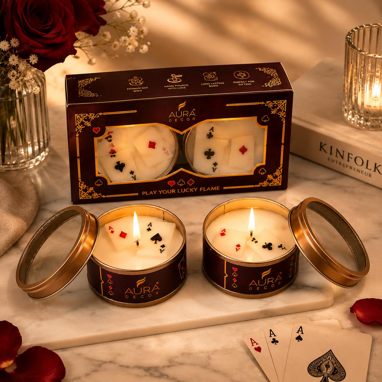 AuraDecor Playing Card Scented Tin Candle Gift Set of 2 | Premium Soy Wax Candle | Hand Poured Aromatherapy Candle | Decorative Candles for Home Decor, Parties, & Special Occasions-image-20