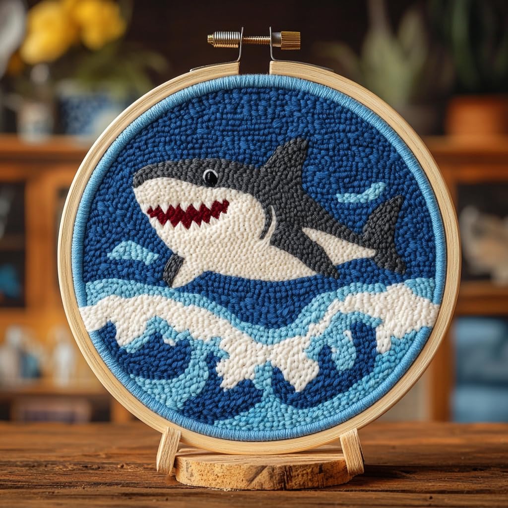 DIY Punch Needle Kits for Beginners Sea Shark with Sea Wave with Hoop Embroidery Punch Needle Starter Craft Set Easy for Adults and Children Festival Gift and Decoration 20x20cm-1