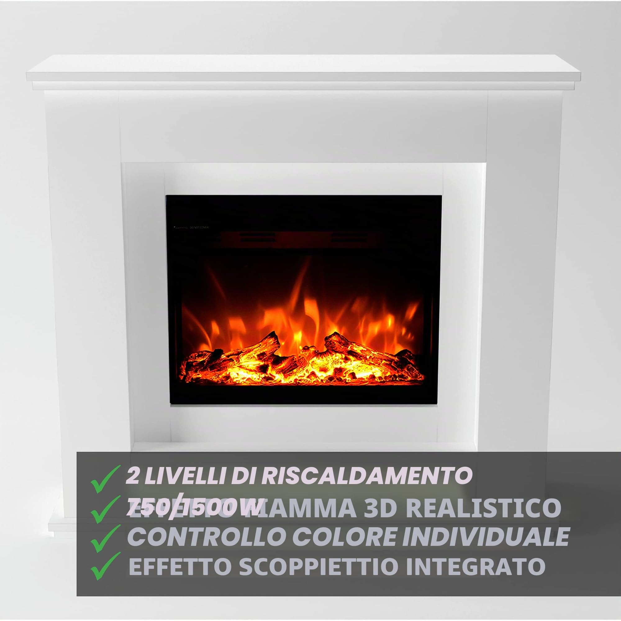 GLOW FIRE EUROPA Stufa Elettrica a Pavimento - Caminetto Elettrico con Riscaldamento, Fuoco LED in 3 Colori, Ventola, Decorazione in Legno, Telecomando, 111x101x33 cm, Bianco