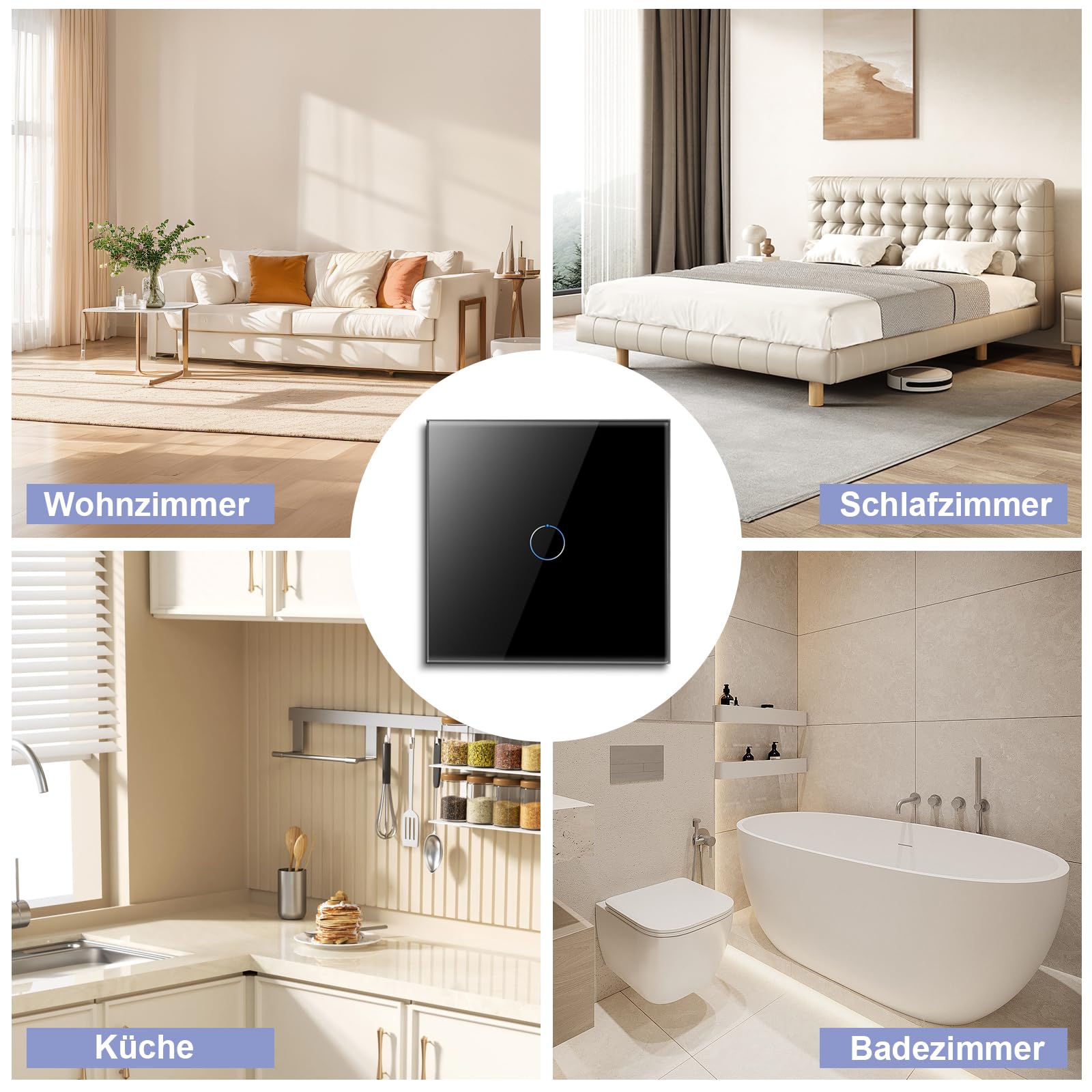 CNBINGO Touch Lichtschalter,Glas Lichtschalter Unterputz 1 Fach 2 Weg Wandschalter mit Glasrahmen 86mm Touch Schalter,Weiß,4 PCS
