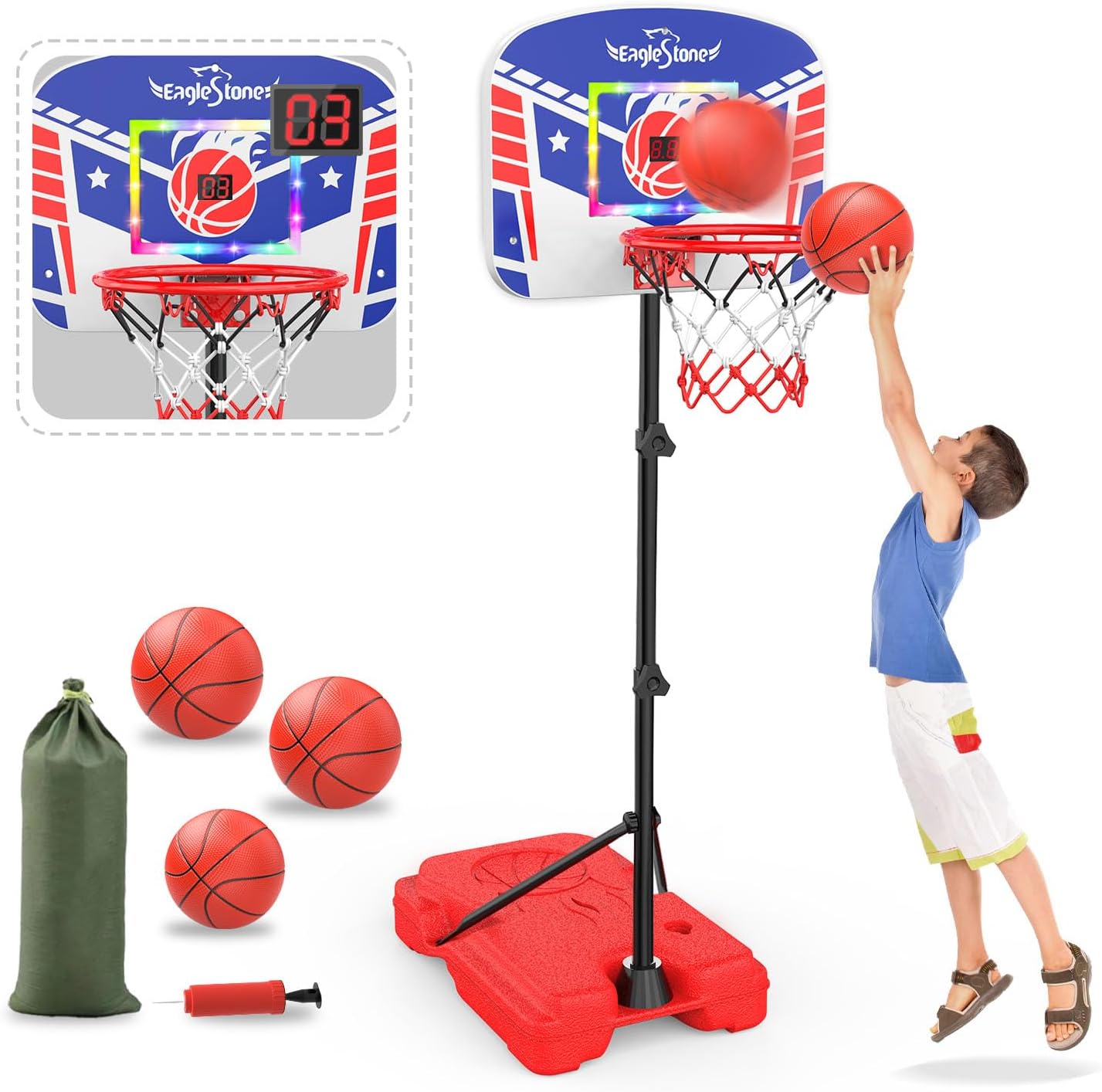 Eaglestone Kid Basketball Hoop Indoor with LED Lights & Scoreboard,Toddler Basketball Hoop Adjustable Height 2.9ft-6ft, Mini Hoop Outdoor with 3 Balls,Basketball Toy Gifts for 3-12 Year Old Boys Girls
