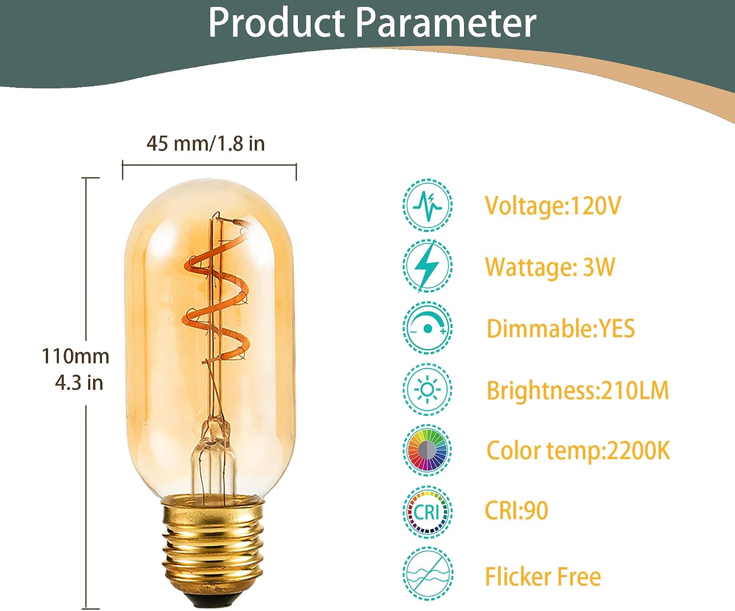 T14 Vintage LED Edison Bulbs, 3W (25W Equivalent), Amber Glass T45 LED Light Bulb,E26 Base, 2200K Warm White,120V Smooth Dimmable Pack of 2