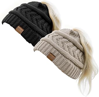 Pukavt 1&2 Pack Winter Hat Ponytail Beanie Hat for Women, Soft Stretch Cable Knit Messy Bun Beeanie,Trendy Gifts for Women