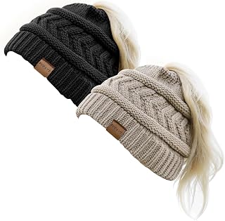 Pukavt 1-3 Pack Winter Hat Ponytail Beanie Hat for Women | Soft Stretch Material,Knit Messy Bun Beeanie,Trendy and Warm,Christmas's Gifts