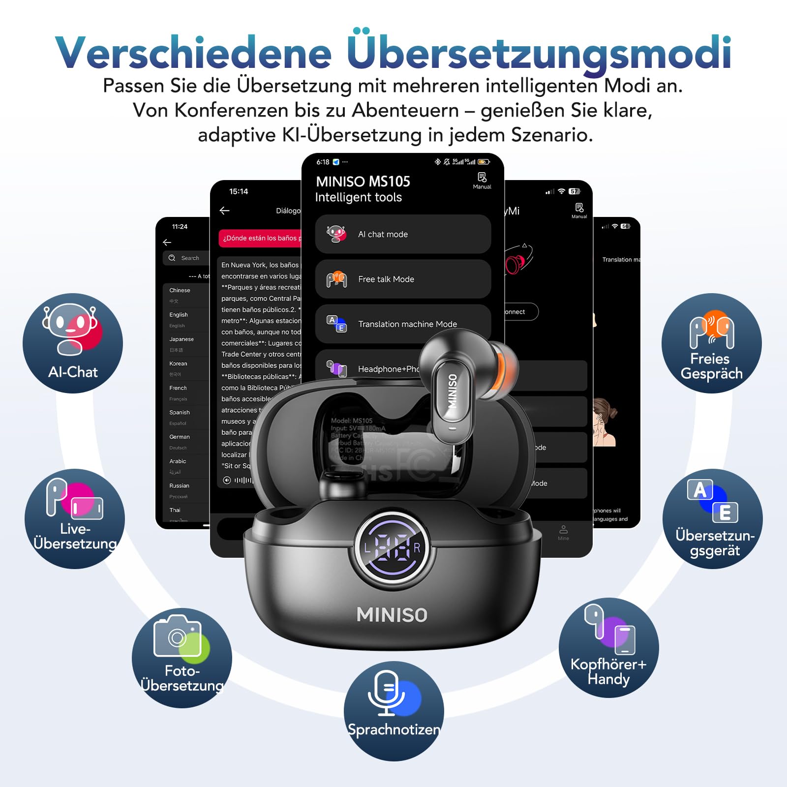 MINISO MS105 AI Kopfhörer Übersetzer, 3-in-1 Übersetzungskopfhörer in Echtzeit mit KI-Übersetzungsfunktion, 134 Sprachen Übersetzer Ohrhörer für Business, Reisen und Studium