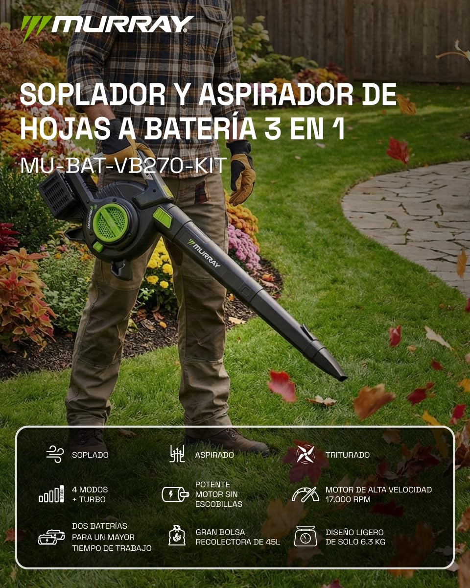 Murray Soplador y Aspirador de Hojas a Batería 20V 3 en 1 MU-BAT-VB270-KIT – Motor sin Escobillas, Control Inteligente, 4 Velocidades + Turbo, Bolsa de Polvo de 45L, Diseño de Montaje Rápido